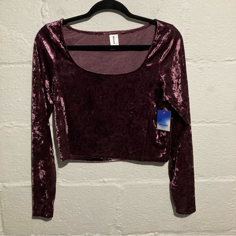 NWT Abound Velour Scoop Neck Long Sleeve Crop Top in Burgundy Stem - Size L